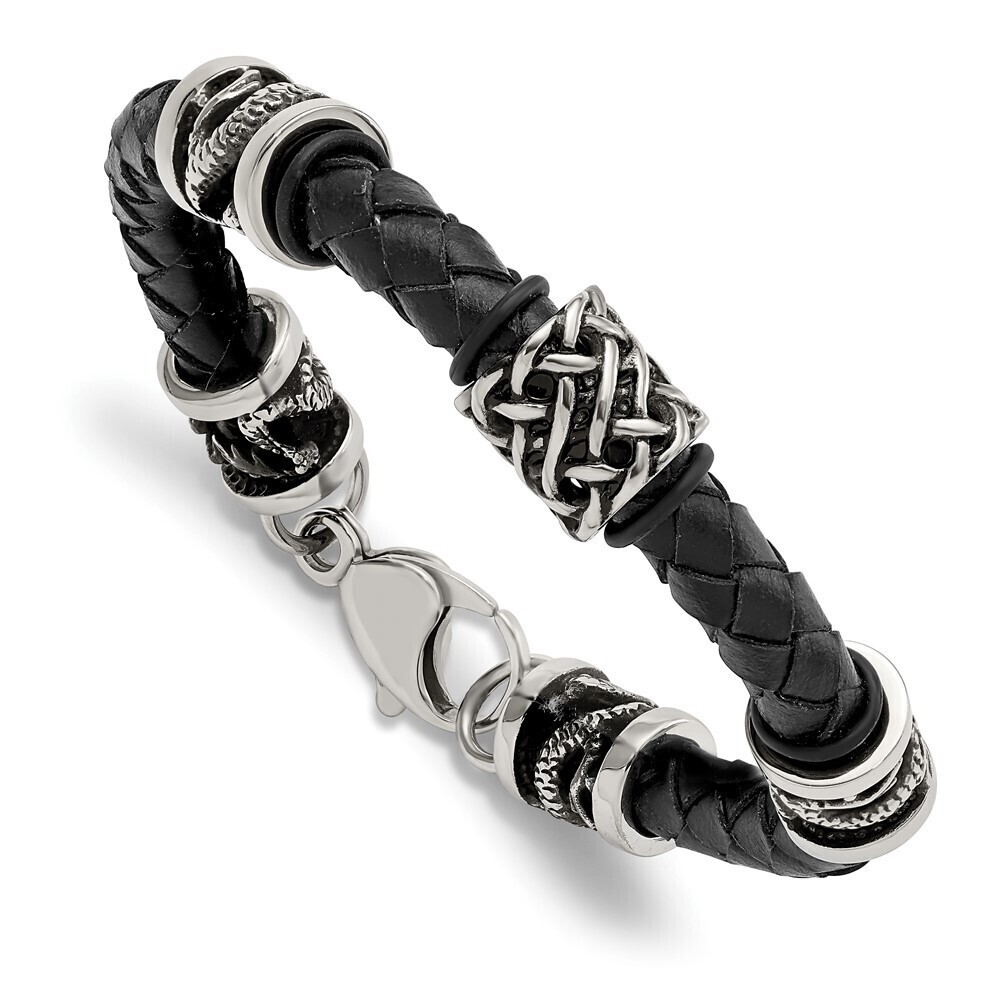 Kazi Luxury Steel Antiqued & Dragon Black Braided Leather 8.5in Bracelet